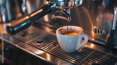 A cup of coffee being poured into a coffee machine