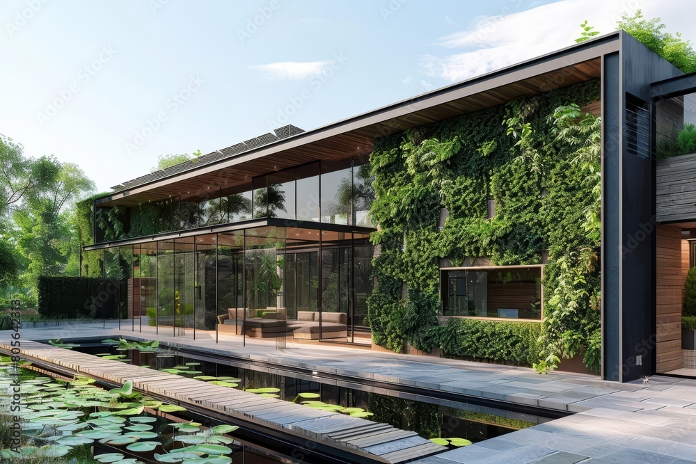 Sustainable Building techniques are visualized in a contemporary building with solar panels and green walls, Interior 3d render Sharpen highdetail realistic concept Sustainable Building techniques are visualized in a contemporary building with solar panels and green walls, Interior 3d render Sharpen highdetail realistic concept