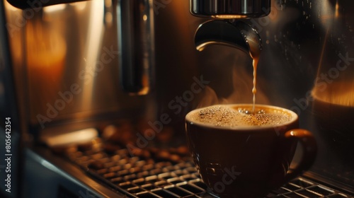 A cup of coffee being poured into a coffee machine