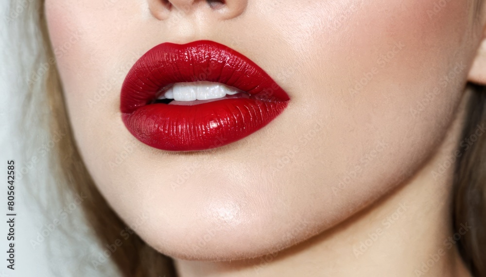 Fototapeta premium Beautiful female red lips, blonde, close-up of lips. Concept Cosmetics, lipstick, advertising, beauty, fashion, Healthcare, skincare, bodycare, spa, makeup