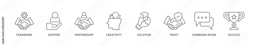 Collaboration icon packs for your design digital and printing of teamwork, support, partnership, creativity, solution, trust, communication, success icon live stroke and easy to edit Collaboration icon packs for your design digital and printing of teamwork, support, partnership, creativity, solution, trust, communication, success icon live stroke and easy to edit