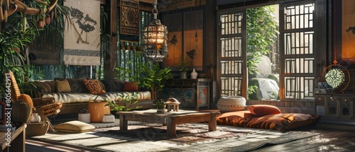 The interior of a cozy nomadic setting features a 3D Mockup frame, blending well with eclectic, earthy elements, 3D render sharpen