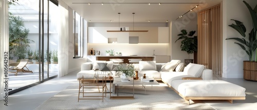 The interior of a whitewalled modern living room reflects simplicity and serenity in its design, Interior 3d render Sharpen highdetail realistic concept photo