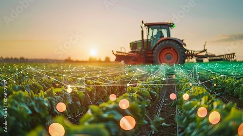 Tech-Driven Agriculture: Farmer employing advanced machinery and digital tools to optimize agricultural production and minimize environmental impact.