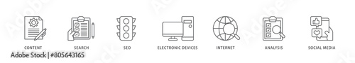 Digital marketing icon packs for your design digital and printing of content, search, seo, electronic devices, internet, analysis and social media icon live stroke and easy to edit 