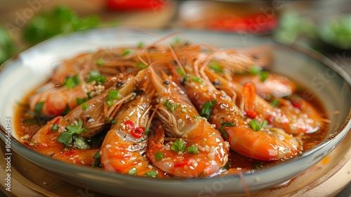 Thai Delicacy: Traditional Thai pickled shrimp immersed in flavorful fish sauce, ready to serve. © chanidapa