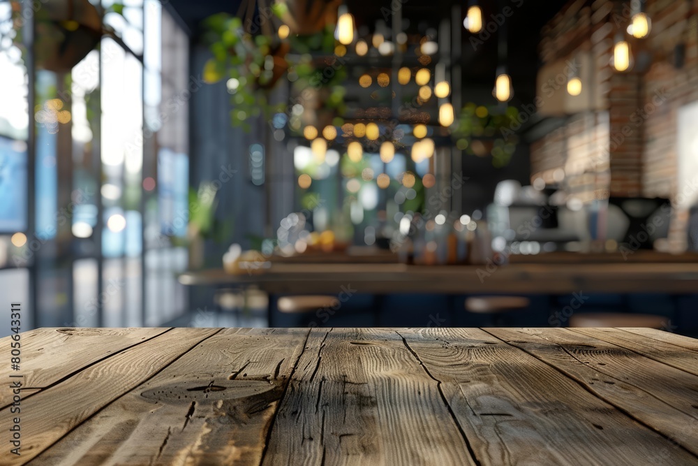 The wooden table foregrounds a blurred interior of a modern coffee shop, offering a cozy retreat from the busy city, Sharpen 3d rendering background