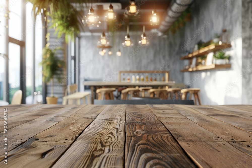 The wooden table foregrounds a blurred interior of a modern coffee shop, offering a cozy retreat from the busy city, Sharpen 3d rendering background