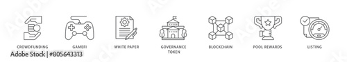IGO icon packs for your design digital and printing of crowdfunding, gamefi, white paper, governance token, blockchain, pool rewards and listing icon live stroke and easy to edit 