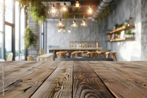 The wooden table foregrounds a blurred interior of a modern coffee shop  offering a cozy retreat from the busy city  Sharpen 3d rendering background
