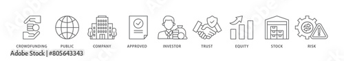 Ipo icon packs for your design digital and printing of crowdfunding, public company, approved, investor, trust, equity, stock and risk icon live stroke and easy to edit 