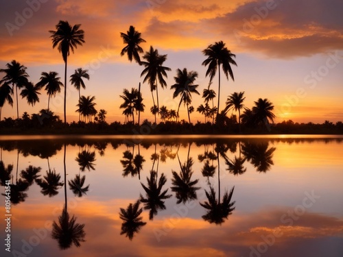 Golden Hour Oasis: Palm Trees and Sunset Harmony in AI Art © sandun