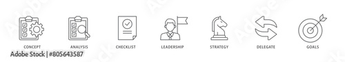 Planning icon packs for your design digital and printing of concept, analysis, checklist, leadership, strategy, delegate and goals icon live stroke and easy to edit 
