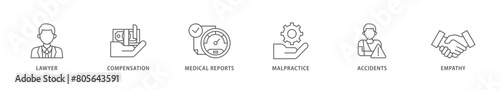 Personal injury law icon packs for your design digital and printing of malpractice, empathy, accidents, medical reports, compensation, lawyer icon live stroke and easy to edit 