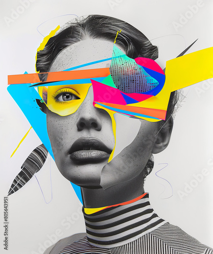 Black and white portrait of a beautiful woman with colorful neon accents, in the style of a cut paper collage, resembling a fashion magazine cover
