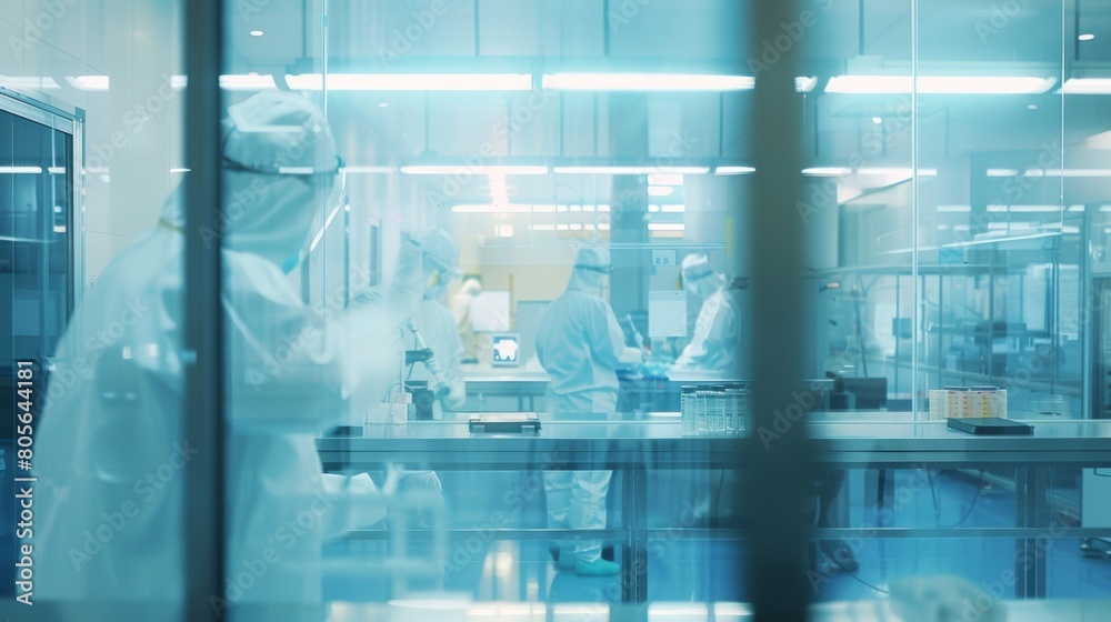 A glass window looking into a cleanroom where technicians clad in protective gear work meticulously to manufacture sensitive components for the particle detectors. A glass window looking into a cleanroom where technicians clad in protective gear work meticulously to manufacture sensitive components for the particle detectors.
