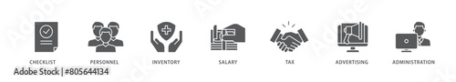 Cost reduction icon packs for your design digital and printing of checklist, personnel, inventory, salary, tax, advertising and administration icon live stroke and easy to edit 