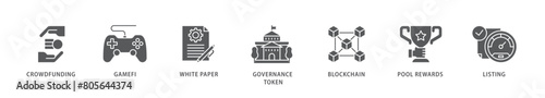 IGO icon packs for your design digital and printing of crowdfunding, gamefi, white paper, governance token, blockchain, pool rewards and listing icon live stroke and easy to edit 