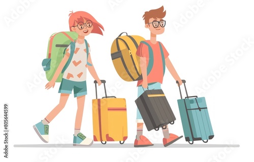 Charming travel tales: captivating cartoon illustrations depict tourists with suitcases as they embark on exciting vacations, experiencing new cultures, sights, and unforgettable moments.