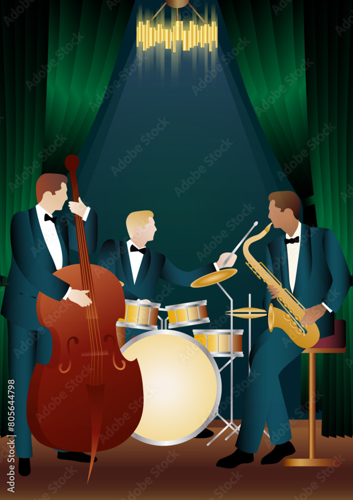 Fototapeta premium Jazz musicians on a universal background. Double bass, saxophone, drum. Musicians play musical instruments