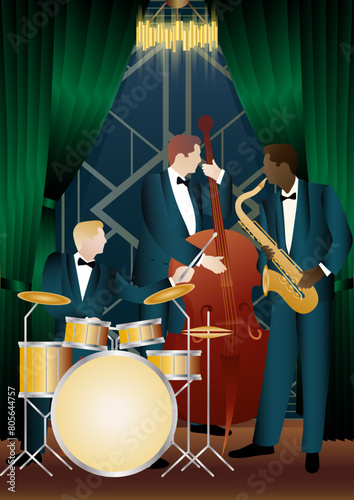 Jazz musicians on a universal background. Double bass, saxophone, drum. Musicians play musical instruments
