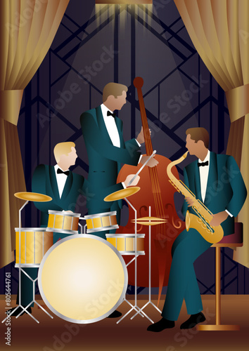 Jazz musicians on a universal background. Double bass, saxophone, drum. Musicians play musical instruments