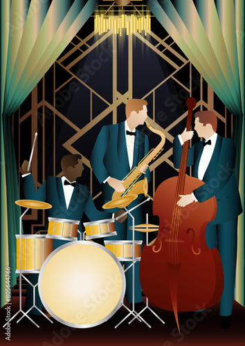 Jazz musicians on a universal background. Double bass, saxophone, drum. Musicians play musical instruments