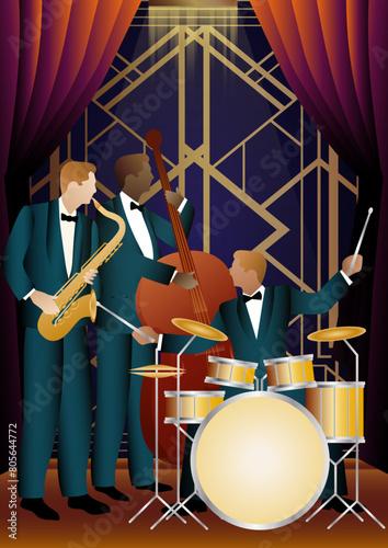Jazz musicians on a universal background. Double bass, saxophone, drum. Musicians play musical instruments