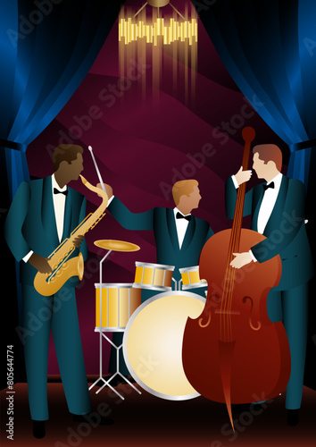 Jazz musicians on a universal background. Double bass, saxophone, drum. Musicians play musical instruments
