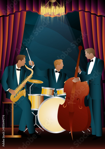 Jazz musicians on a universal background. Double bass, saxophone, drum. Musicians play musical instruments