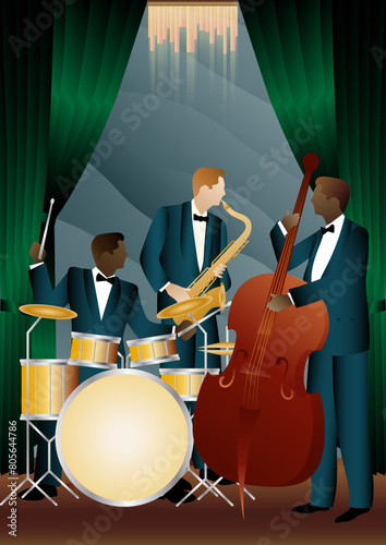 Jazz musicians on a universal background. Double bass, saxophone, drum. Musicians play musical instruments