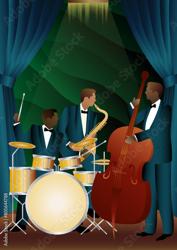 Jazz musicians on a universal background. Double bass, saxophone, drum. Musicians play musical instruments