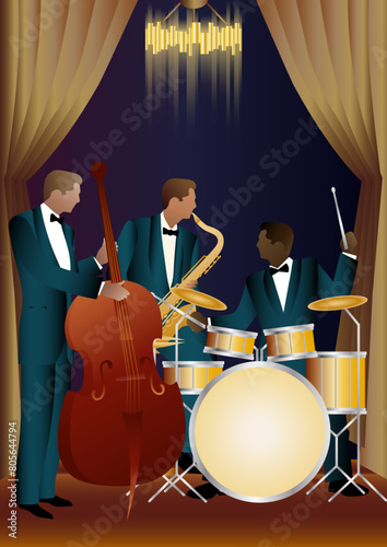 Jazz musicians on a universal background. Double bass, saxophone, drum. Musicians play musical instruments