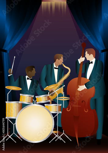 Jazz musicians on a universal background. Double bass, saxophone, drum. Musicians play musical instruments