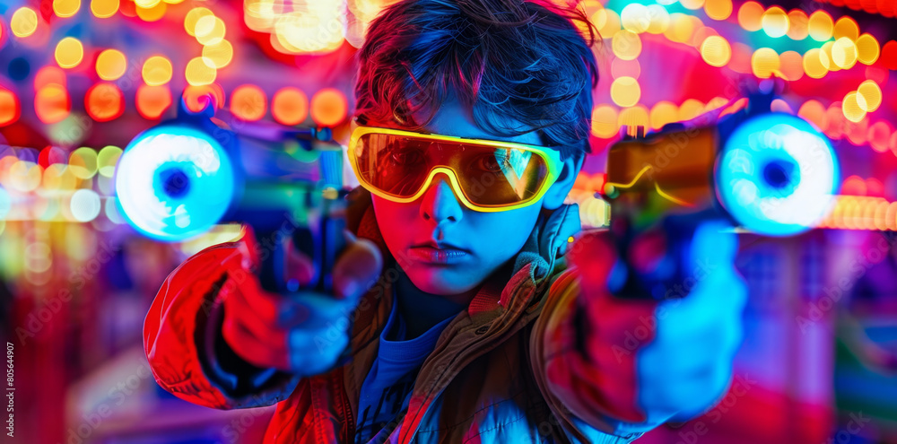 A young boy wearing neon goggles and shooting laser guns at the camera, background is an amusement park with colorful lights