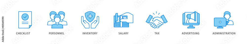Cost reduction icon packs for your design digital and printing of checklist, personnel, inventory, salary, tax, advertising and administration icon live stroke and easy to edit 