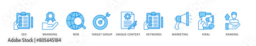 Content is king icon packs for your design digital and printing of seo, branding, web, target group, unique content, keywords, marketing, viral and ranking icon live stroke and easy to edit 