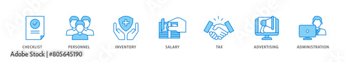 Cost reduction icon packs for your design digital and printing of checklist, personnel, inventory, salary, tax, advertising and administration icon live stroke and easy to edit 