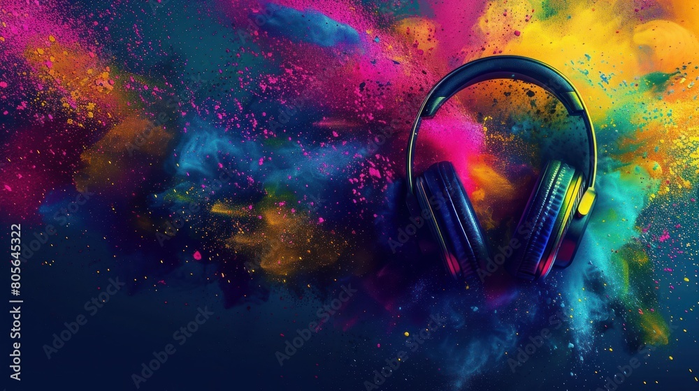 illustration world music day with headset headphones on abstract colorful dust background. Ai generated illustration world music day with headset headphones on abstract colorful dust background. Ai generated