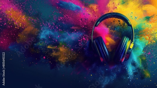 illustration world music day with headset headphones on abstract colorful dust background. Ai generated photo
