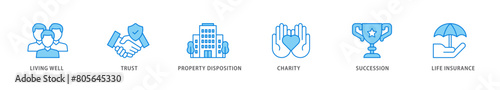 Estate planning icon packs for your design digital and printing of living well, trust, property disposition, charity, succession, life insurance icon live stroke and easy to edit 