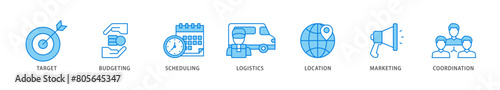 Event management icon packs for your design digital and printing of target, budgeting, scheduling, logistics, location, marketing, and coordination icon live stroke and easy to edit 