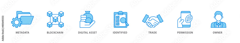 Nft icon packs for your design digital and printing of metadata, blockchain, digital asset, identified, trade, permission and owner icon live stroke and easy to edit 