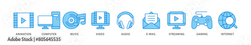 Multimedia icon packs for your design digital and printing of e mail, video, audio, internet, streaming, gaming, music, computer, animation icon live stroke and easy to edit 