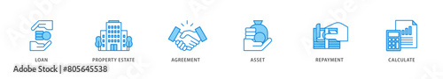 Mortgage icon packs for your design digital and printing of loan, property estate, agreement, asset, repayment and calculate icon live stroke and easy to edit 