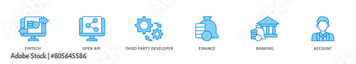 Open banking icon packs for your design digital and printing of the fintech, coding, open API, finance, banking, third party developer, and account icon live stroke and easy to edit 