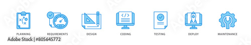 Software development icon packs for your design digital and printing of planning, requirements, design, coding, testing, deploy and maintenance icon live stroke and easy to edit 