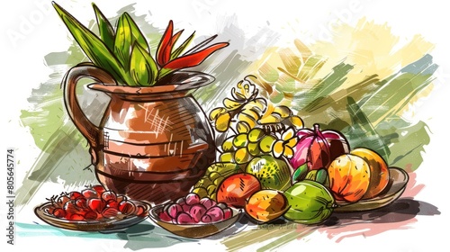Illustration sketch of Kerala festival with fruits and vegetables vishu kani vishu flowers in containers for celebration.Ai generated photo