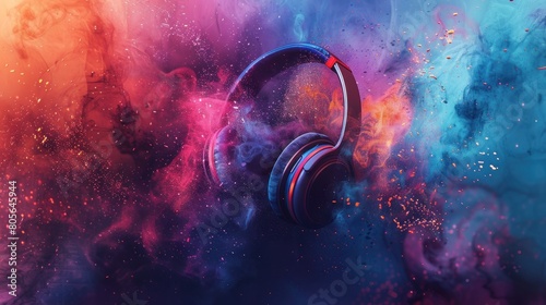 illustration world music day with headset headphones on abstract colorful dust background. Ai generated