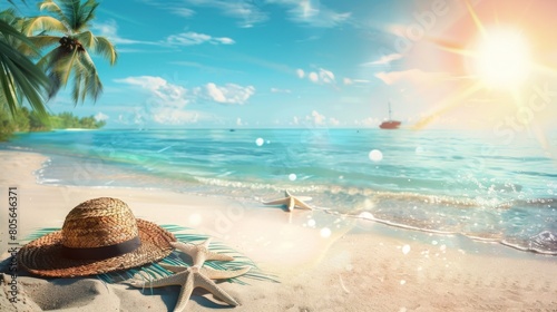 Illustration of sunbathing accessories on a tropical beach, Tropical beach with starfish on the sand on a summer vacation background. Ai generated